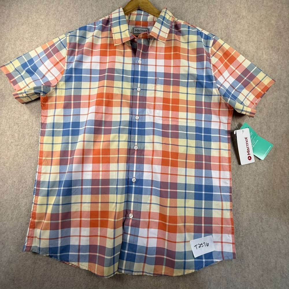 NWT Marmot AirExchange UPF 40 Novelty SS Shirt Mens Large Orange Blue Plaid